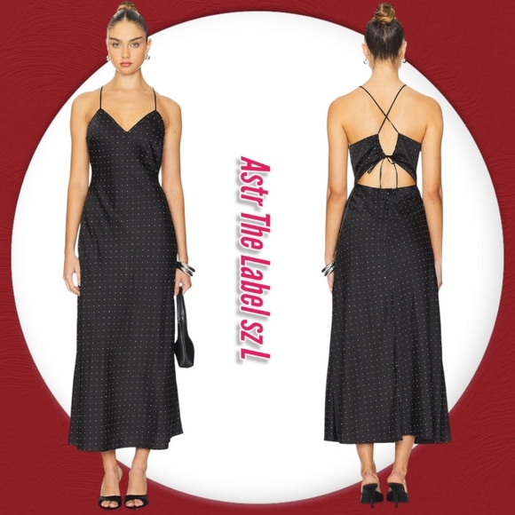Astr Black Backless Sundress with Spaghetti Strap Rhinestone Cocktail Maxi Dress - Picture 1 of 13